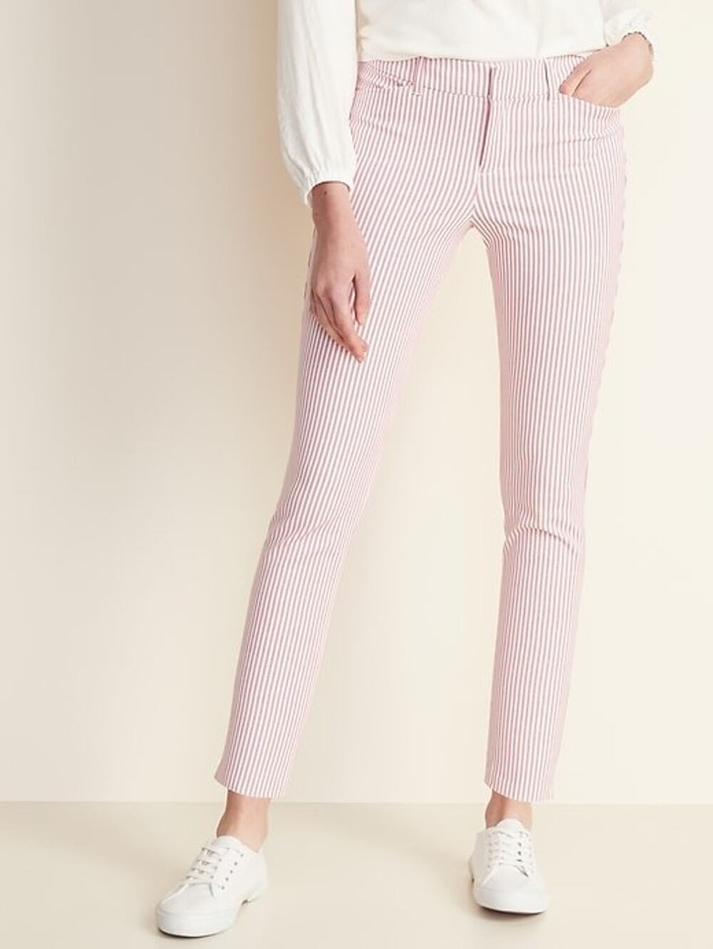 Old Navy Ankle Pants Women's 14 All-New Mid-Rise Pixie Pink White Stripe